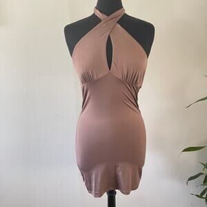 Divided Halter Mini Dress Womens Medium Cocoa Brown Bodycon Sexy
